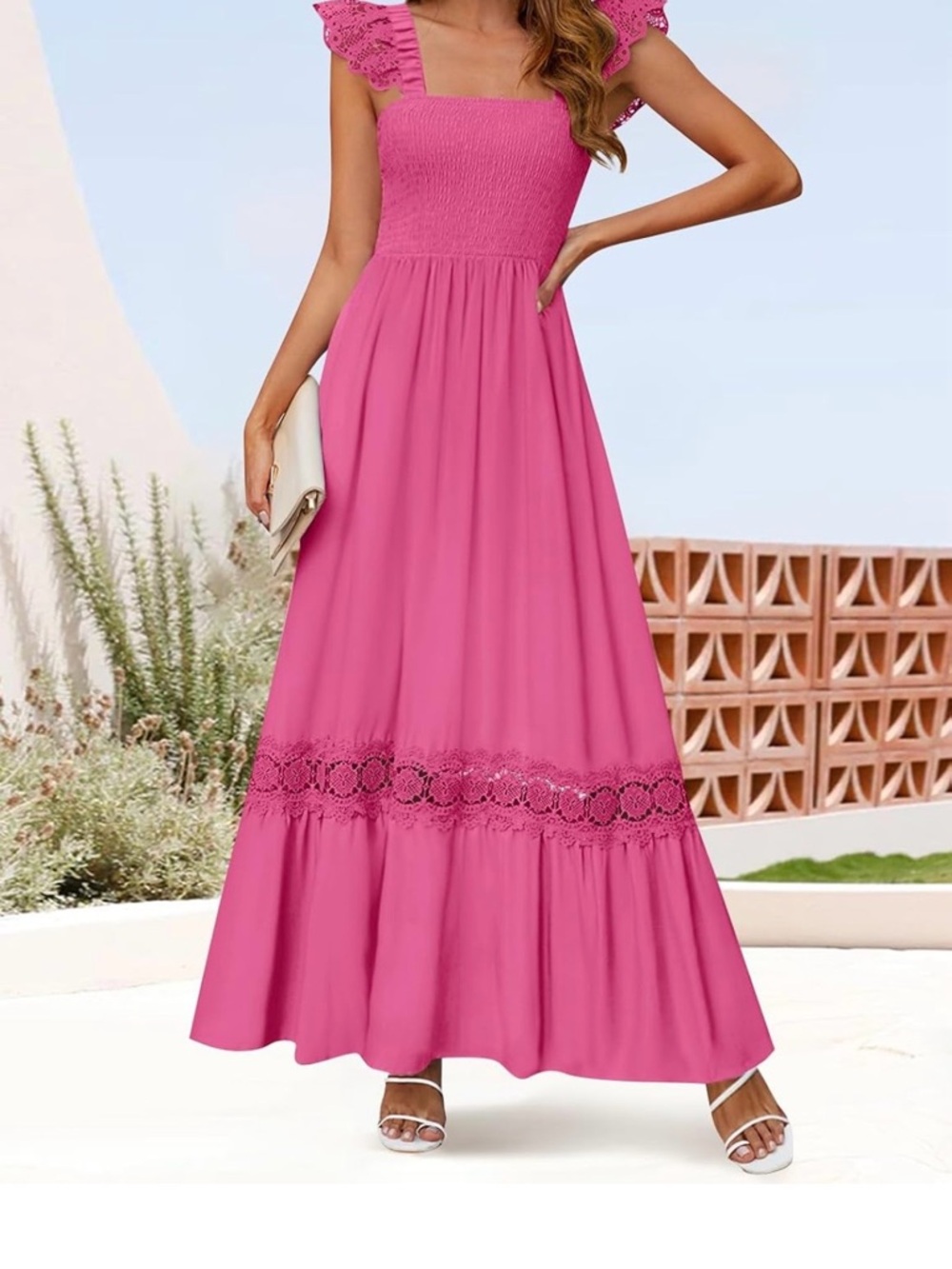 Smocked Bodice Pink Maxi Dress with Lace Trim